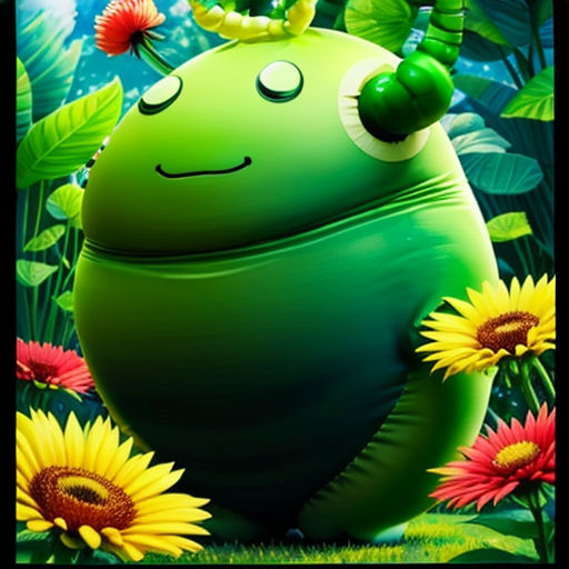 a green frog with a green hat and a flower in its mouth sitting in a field of flowers with a green frog on top of it