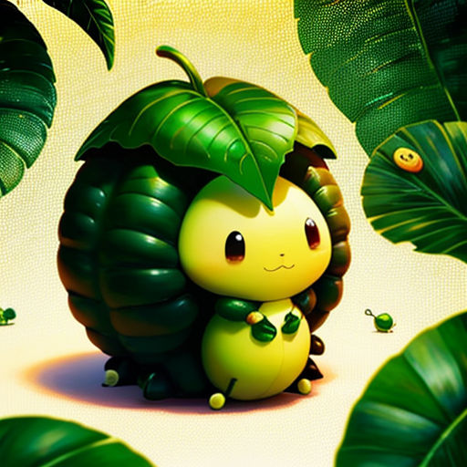 a cartoon character holding a plant with leaves around it's neck and a yellow background with green leaves