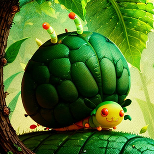 a green snail sitting on top of a leaf covered tree branch in a forest with leaves and leaves surrounding it