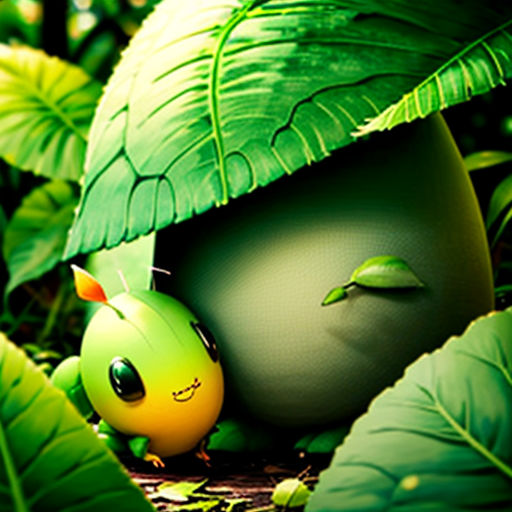 a green plant with a green face and a green leaf on it's head, sitting in the middle of a forest
