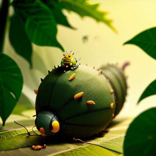 a green bug sitting on top of a green plant with leaves around it and a yellow bug on top of it
