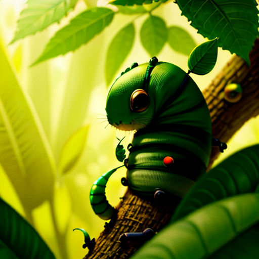 a green caterpillar sitting on a tree branch in a forest of leaves and plants, with a red eye