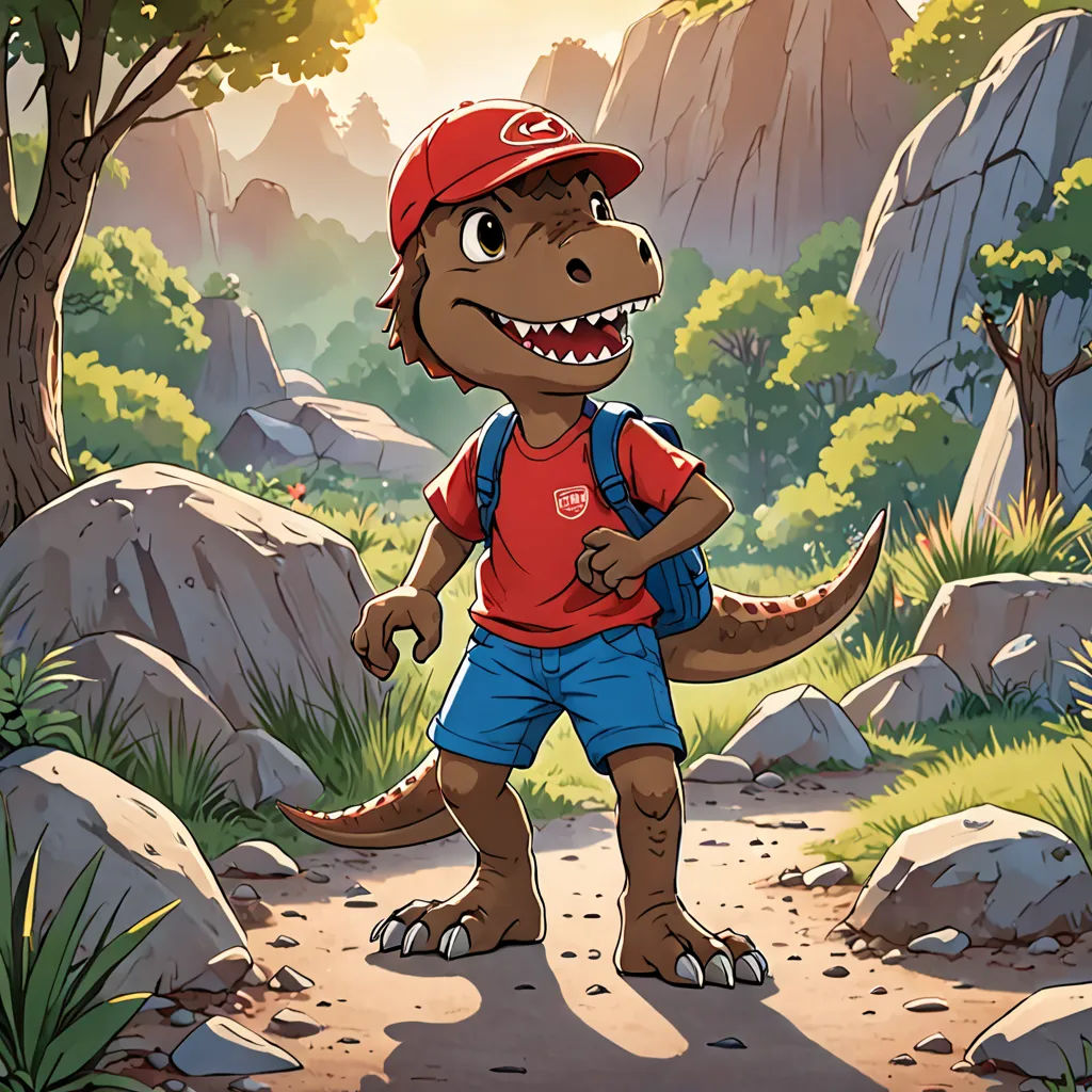 a cartoon dinosaur with a red hat and blue shorts and a red cap is standing on a path in a rocky area, furry art, a character portrait, Adam Rex, official art