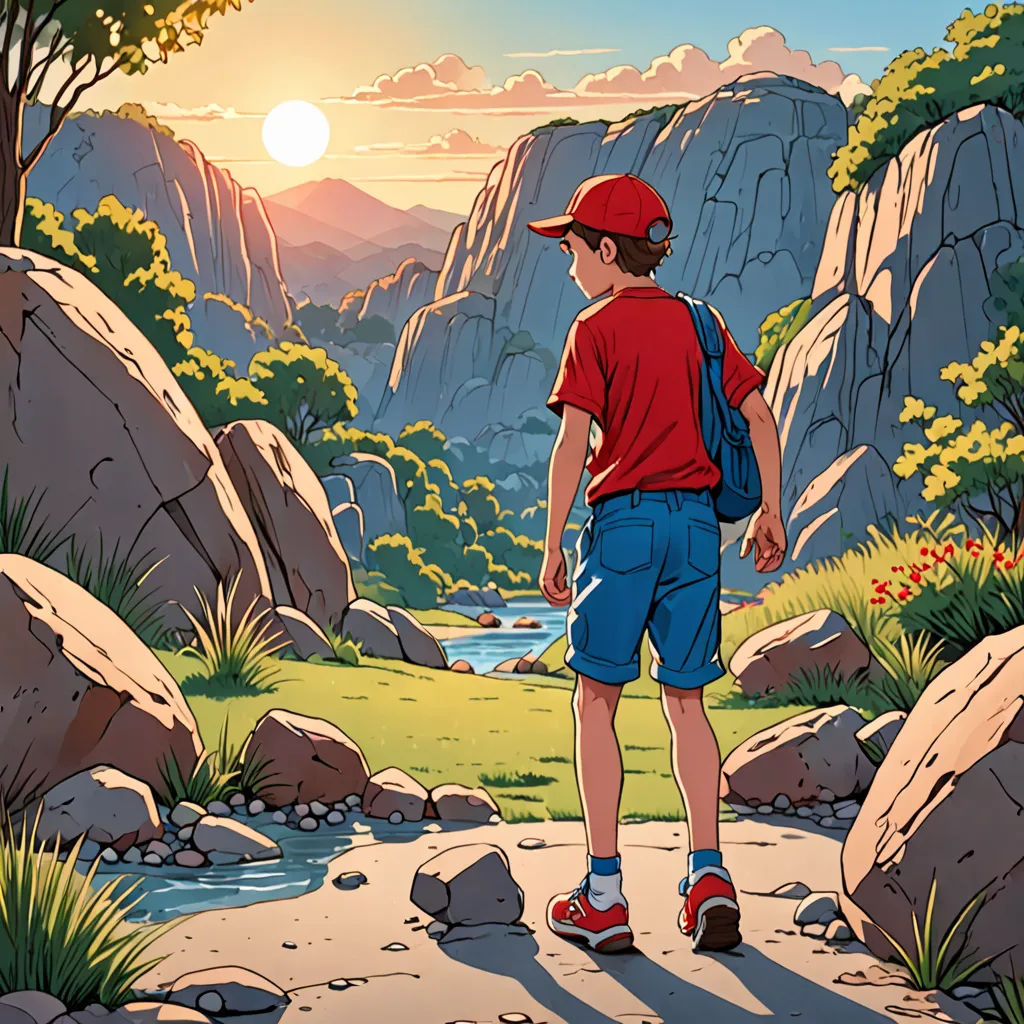 a boy with a backpack is standing on a path near a river and mountains at sunset or sunrise time, environmental art, poster art, Cliff Childs, official art