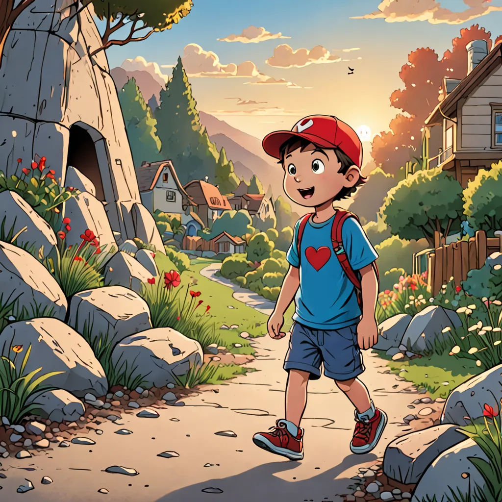 a boy walking down a path in a cartoon style with a red hat on and a blue shirt on, lyco art, a storybook illustration, Chris LaBrooy, official art