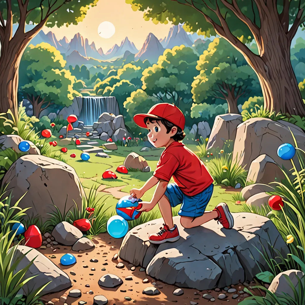 a boy playing with a bucket in a forest with rocks and trees and a waterfall in the background with a waterfall in the distance, lyco art, a storybook illustration, Dan Mumford, rossdraws global illumination