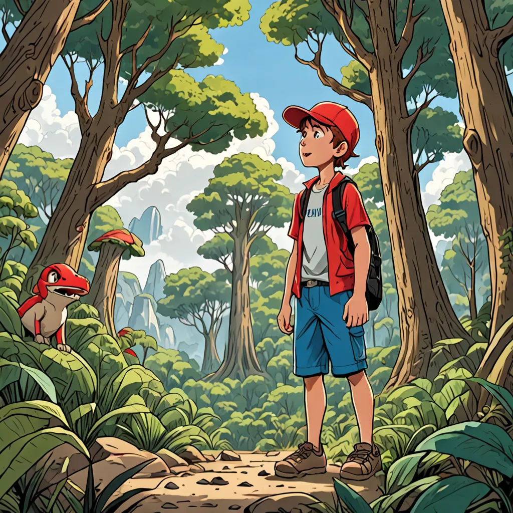 a boy standing in the middle of a forest with a mushroom on the ground and a bird flying above him, environmental art, a storybook illustration, Diego Gisbert Llorens, rossdraws global illumination