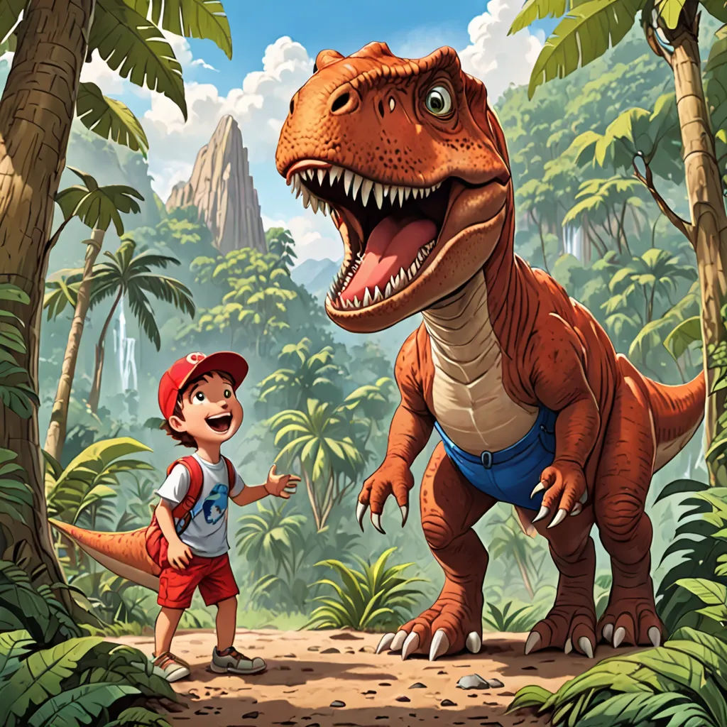 a boy and a dinosaur in a jungle with a mountain in the background and trees and bushes around them, sots art, a storybook illustration, Adam Rex, rossdraws global illumination