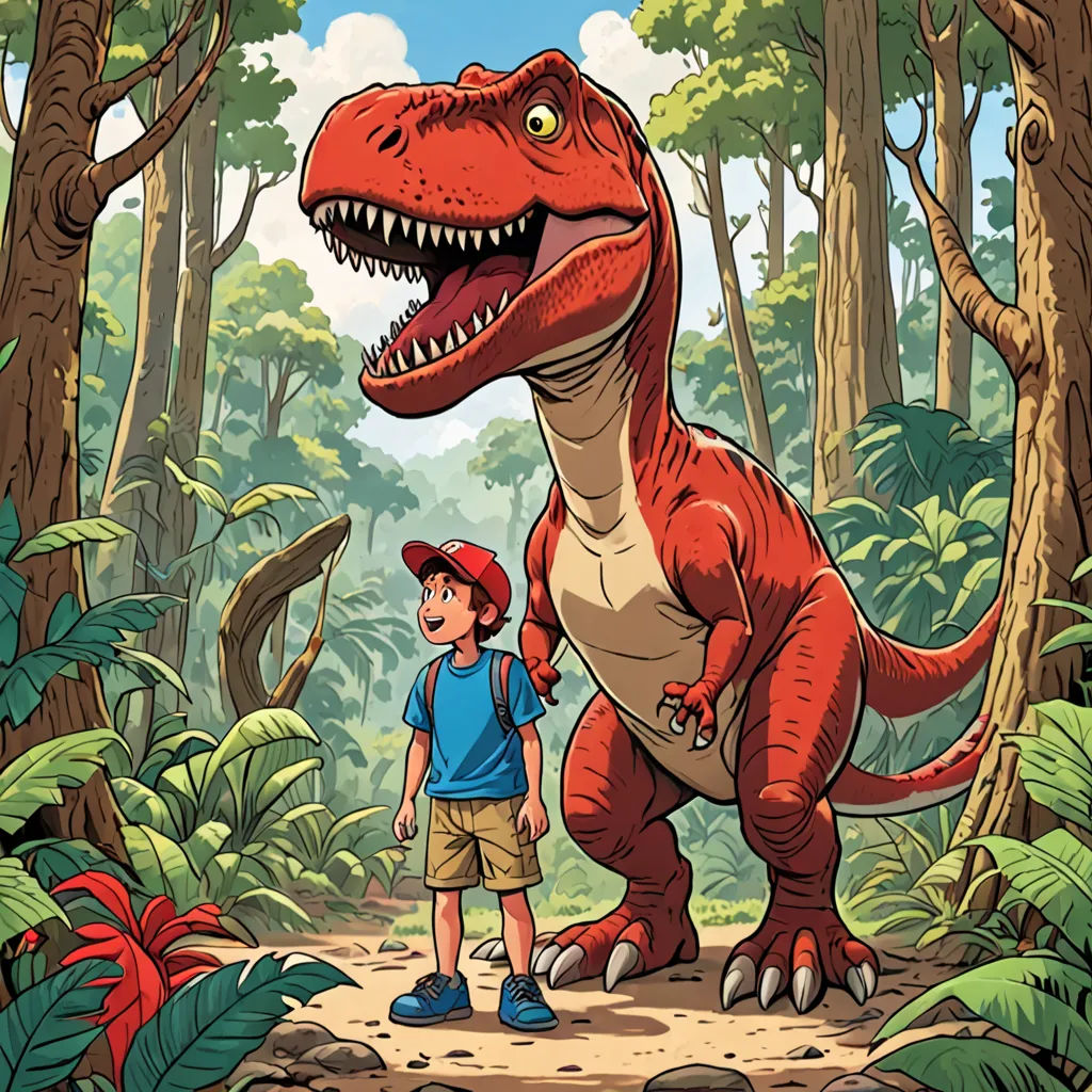 a boy standing next to a dinosaur in a forest with trees and bushes behind him and a large dinosaur in the background, process art, a storybook illustration, Adam Rex, rossdraws global illumination