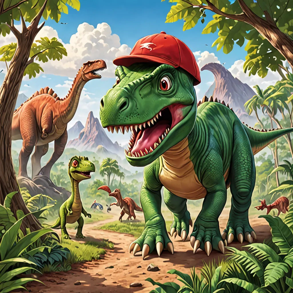 a painting of a dinosaur and a t - shirt with a red hat on it's head and a dinosaur in the background, altermodern, concept art, Adam Rex, official art