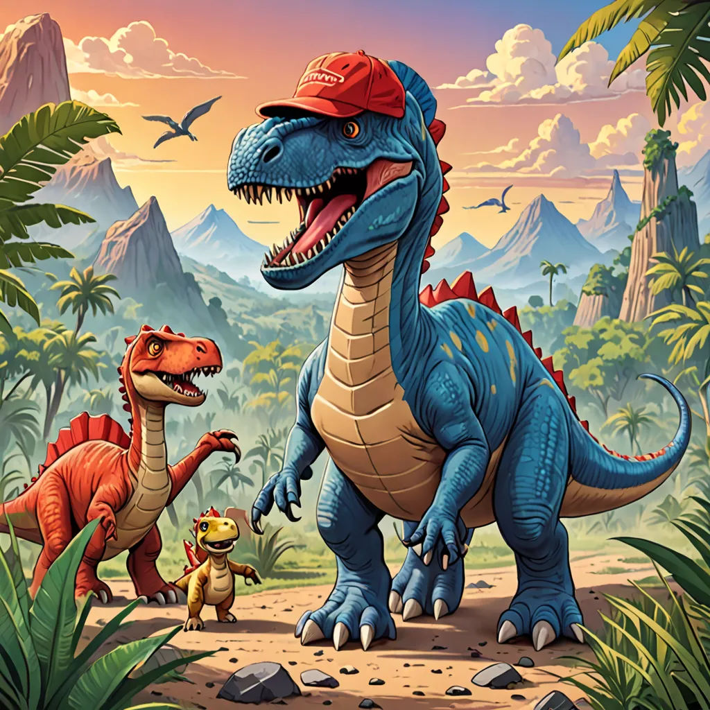 a group of dinosaurs in a jungle setting with mountains in the background and a bird flying overhead in the sky, sots art, concept art, Adam Rex, official art