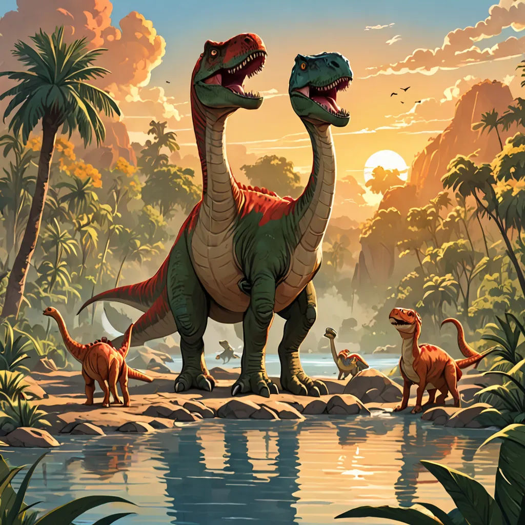 a painting of a dinosaur family by a lake with palm trees and birds in the background, with a sunset in the background, altermodern, concept art, Chris LaBrooy, official art