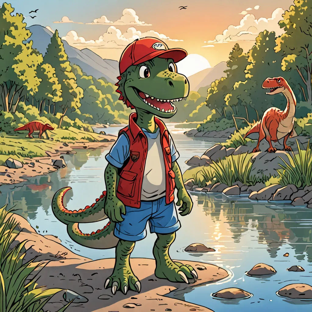 a cartoon dinosaur with a red cap and vest standing in front of a river and a t - rex, sots art, a storybook illustration, Adam Rex, comic cover art