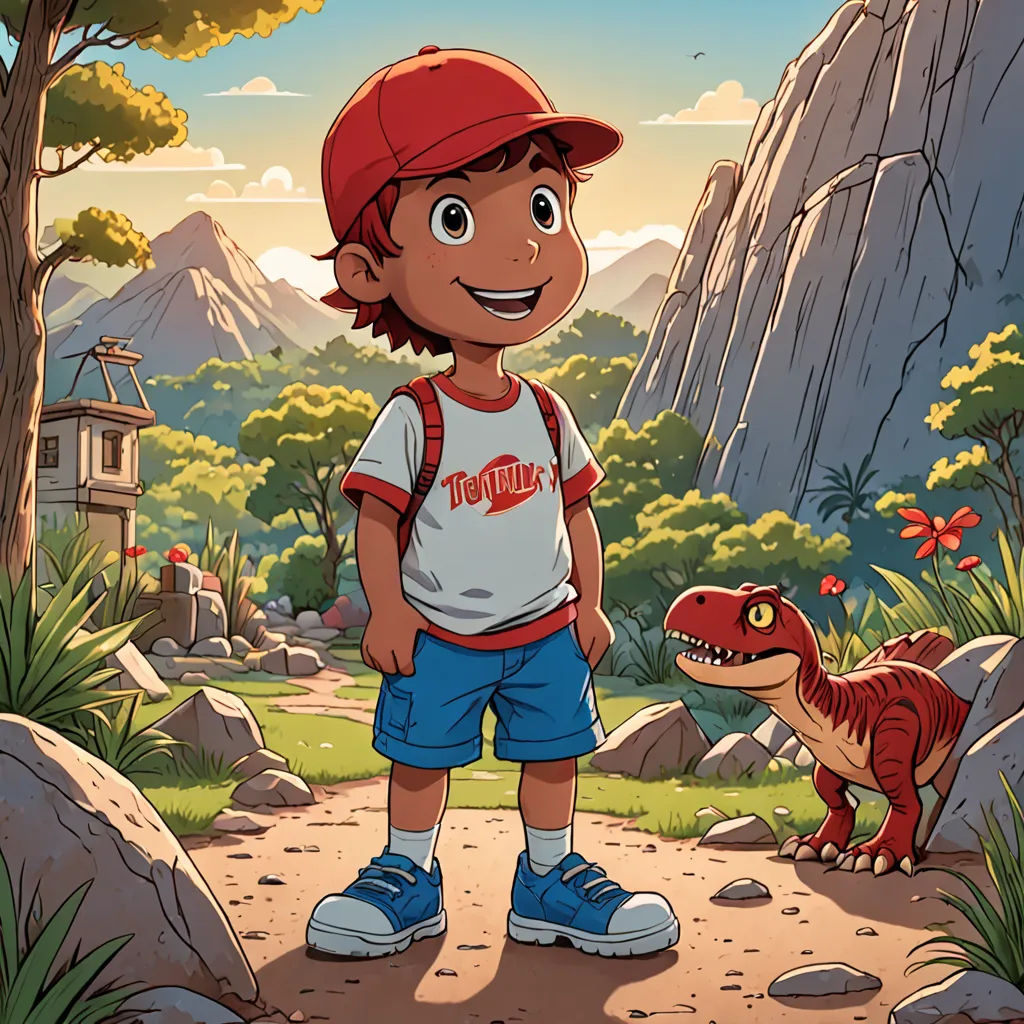 a boy standing in front of a dinosaur in a forest with a mountain in the background and a red hat on, lyco art, a character portrait, Abidin Dino, promotional image
