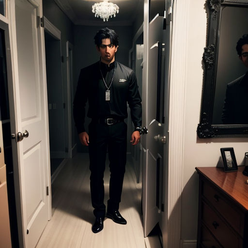 a man standing in a hallway with a chandelier hanging from the ceiling and a mirror on the wall