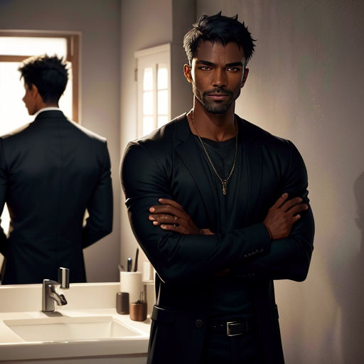 a man standing in front of a bathroom mirror with his arms crossed and his arms crossed, looking at himself in the mirror