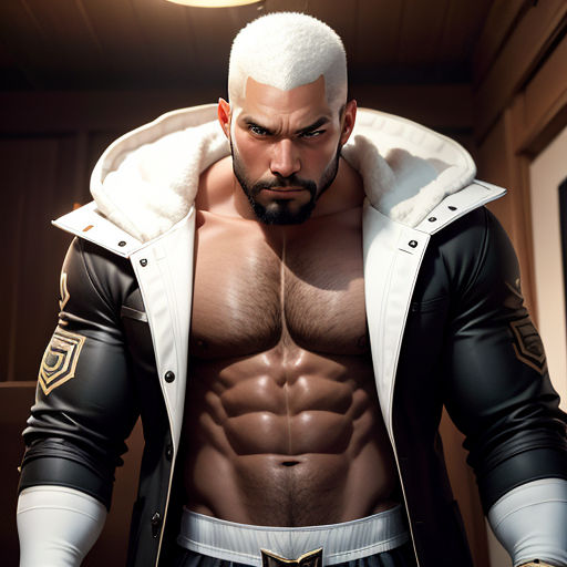 a man with a white hair and a beard wearing a jacket and a white hoodie is standing in a hallway