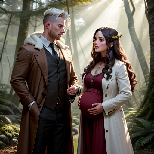 a pregnant woman standing next to a man in a forest with a forest background and sunlight streaming through the trees
