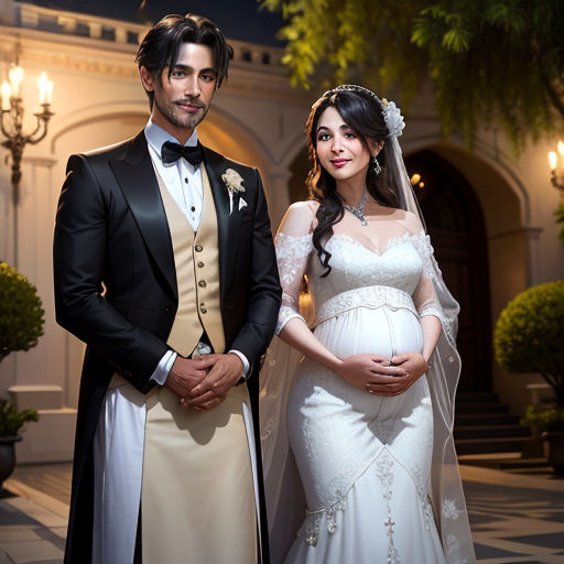 a pregnant woman in a wedding gown and a man in a tuxedo stand next to each other