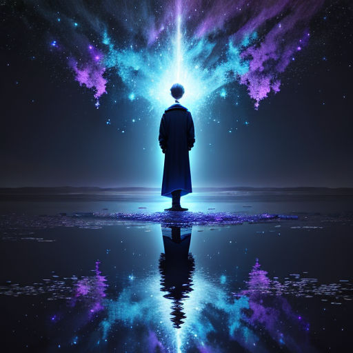 a man standing in front of a colorful sky with stars and clouds in the background and a reflection of him