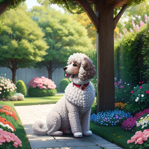 a poodle sitting in a garden with flowers and trees in the background, and a path leading to a pergolated pergolan