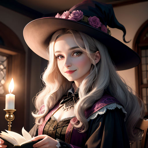 a woman dressed in a witch costume holding a book and a candle in her hand while standing in front of a window