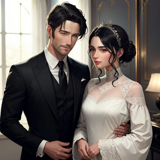 a man and woman dressed in formal wear posing for a picture together in a room with a window and a lamp