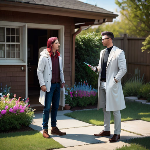 a man and woman standing in front of a house talking to each other in the yard of the house