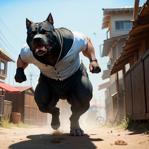 a dog is running down a dirt road in a street scene with buildings and a person in a vest