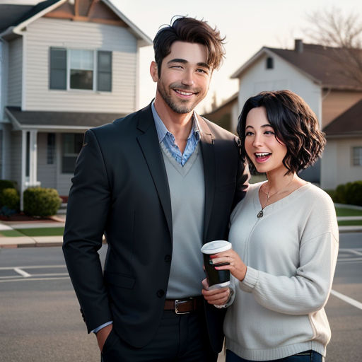 a man and woman standing in front of a house holding a cup of coffee and smiling at the camera
