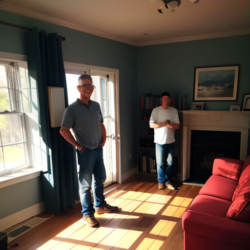 two men standing in a living room with a red couch and a red chair in front of a fireplace