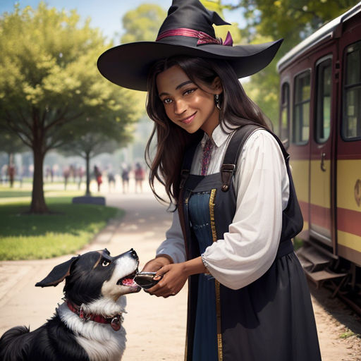 a woman in a witch costume is petting a dog on the side of the road while a train passes by