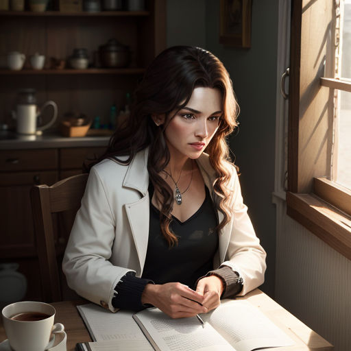 a woman sitting at a table with a book and a cup of coffee in front of her, looking out the window