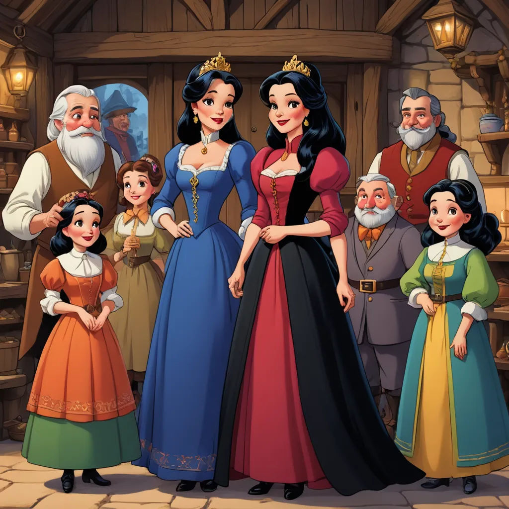 a group of people dressed in medieval costumes standing in front of a castle with a man and woman in costume, fantasy art, a storybook illustration, disney, pixar and disney animation