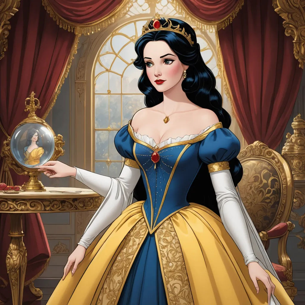 a woman in a blue and yellow dress holding a gold ball in her hand and a mirror in her hand, gothic art, a character portrait, Aramenta Dianthe Vail, fantastically gaudy