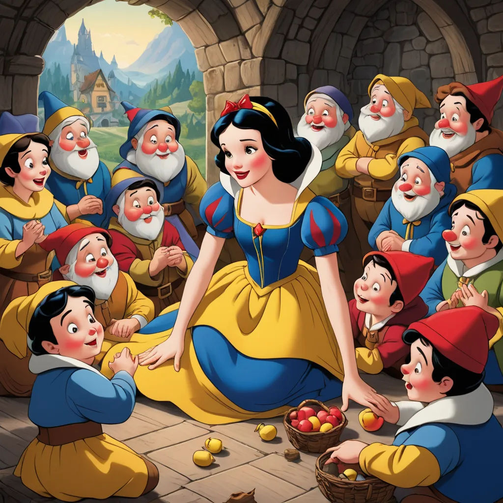 a group of snow princesses gathered around a man in a red hat and yellow dress and a man in blue shirt, magical realism, a storybook illustration, disney, storybook illustration