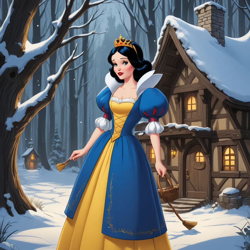 a snow princess standing in front of a house in the woods with a broom in her hand and a broom in her hand, gothic art, a storybook illustration, disney, snow