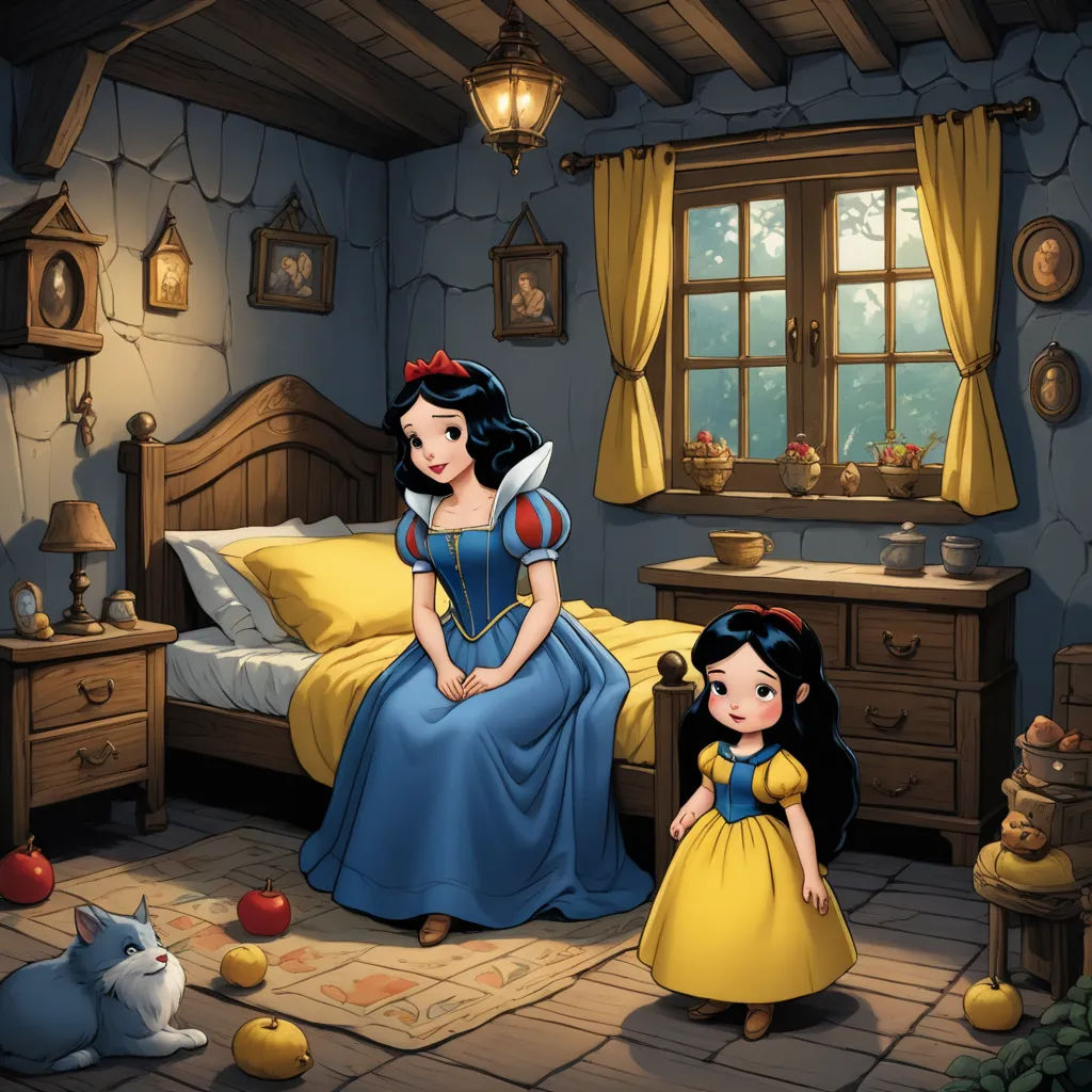 a cartoon of a princess and a cat in a bedroom with a bed and a window with curtains and a cat, gothic art, a storybook illustration, disney, storybook illustration