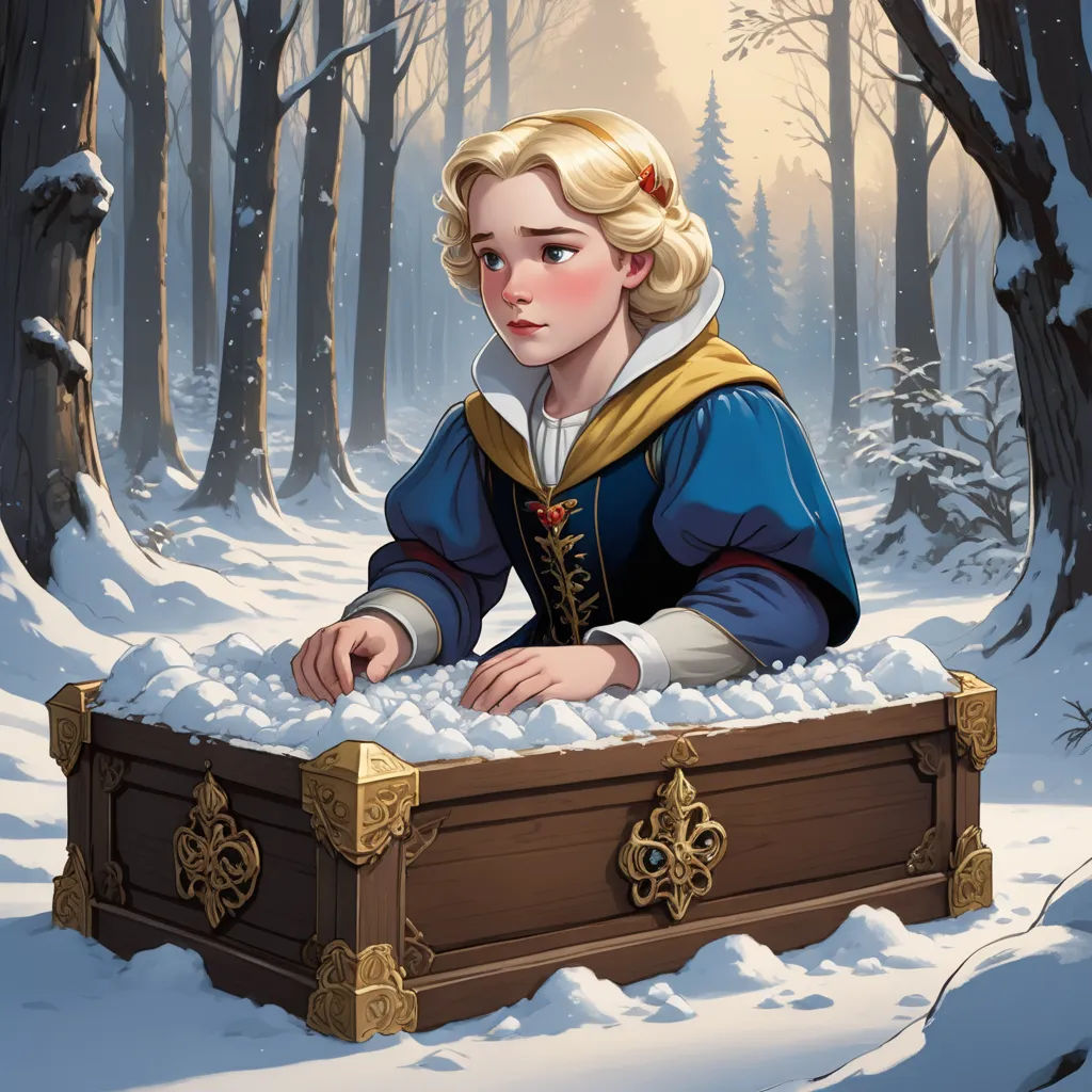 a painting of a woman in a blue dress sitting on a chest in the snow in a forest with snow, fantasy art, a storybook illustration, Clarice Beckett, official art