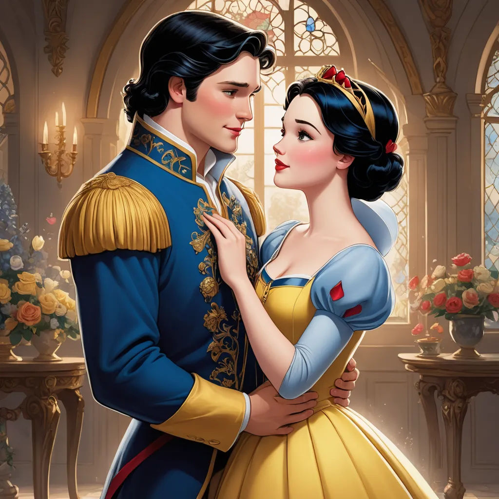a man and woman dressed as disney characters in a palace setting with roses in the background and a window, magical realism, a storybook illustration, disney, rossdraws global illumination