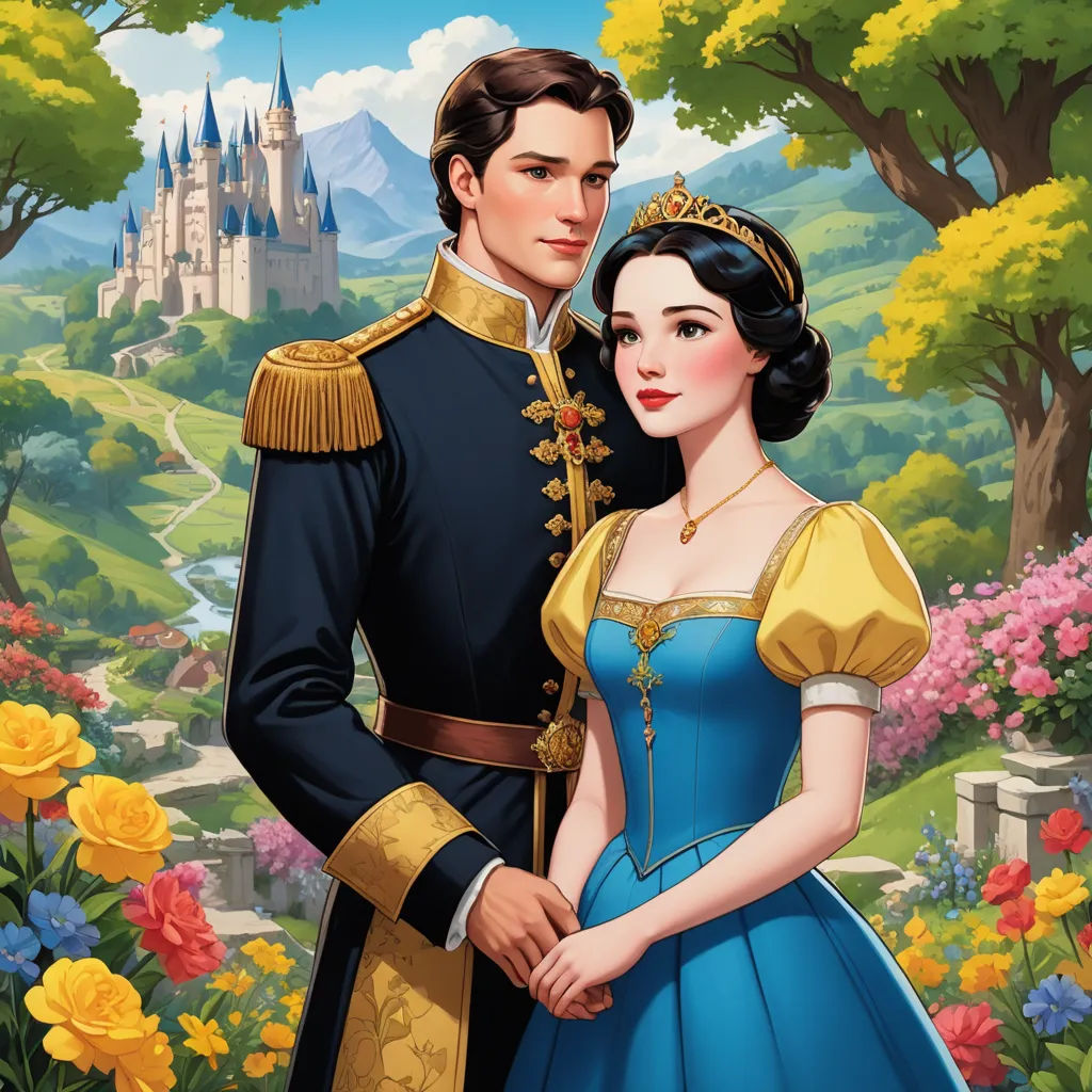 a man and woman dressed in disney princess costumes standing in front of a castle with flowers and trees in the background, sots art, a storybook illustration, disney, official art