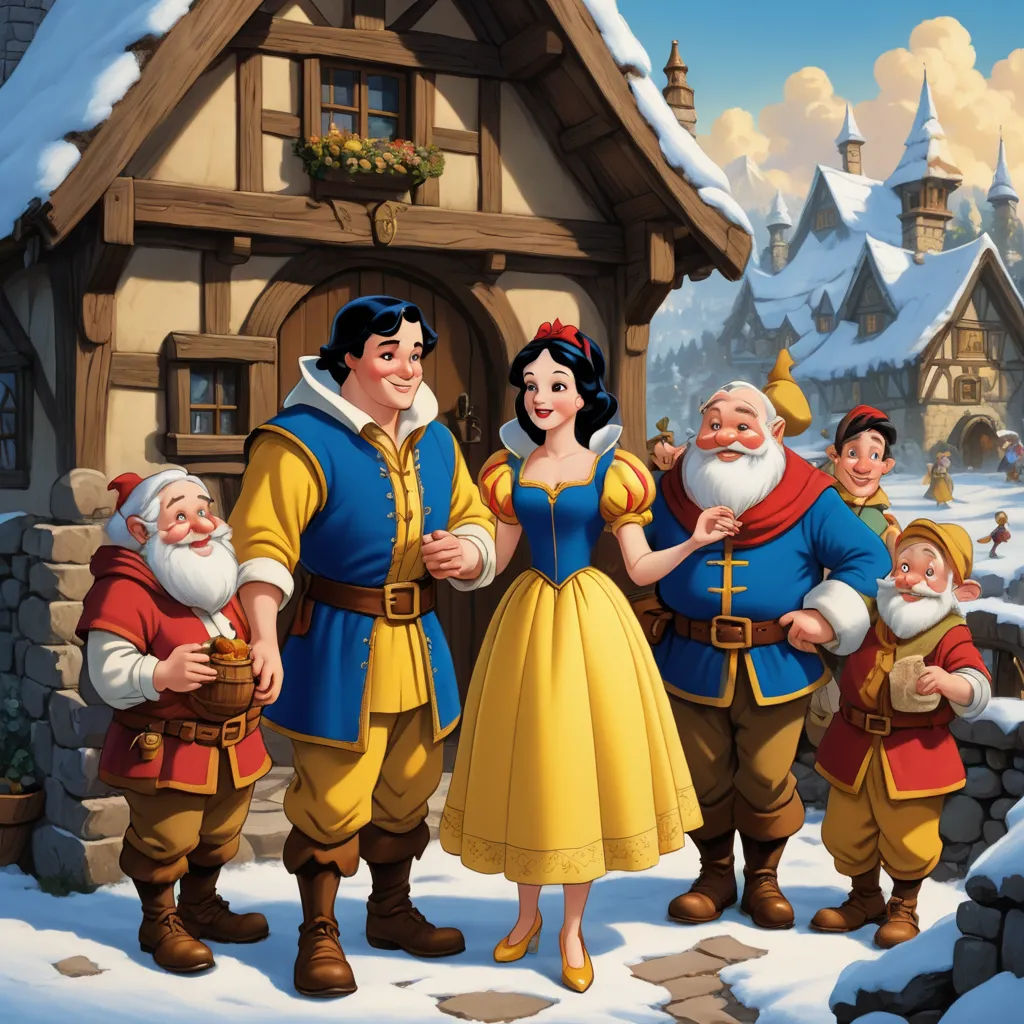 a group of snow - clad snow - clad people standing in front of a snow - covered house with a snow - covered roof, naive art, a storybook illustration, disney, snow