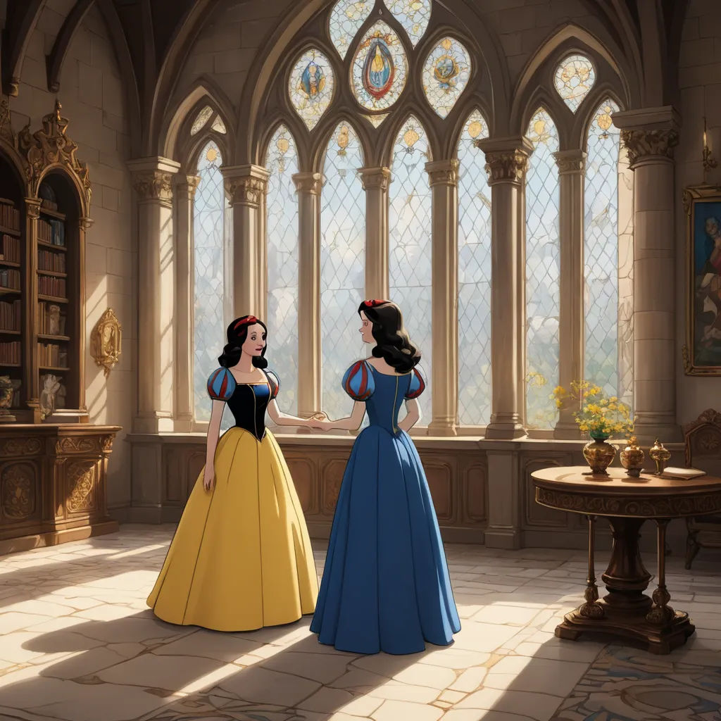 a couple of women standing next to each other in a room with a window and a table with a vase, gothic art, a storybook illustration, Brothers Hildebrandt, rossdraws global illumination