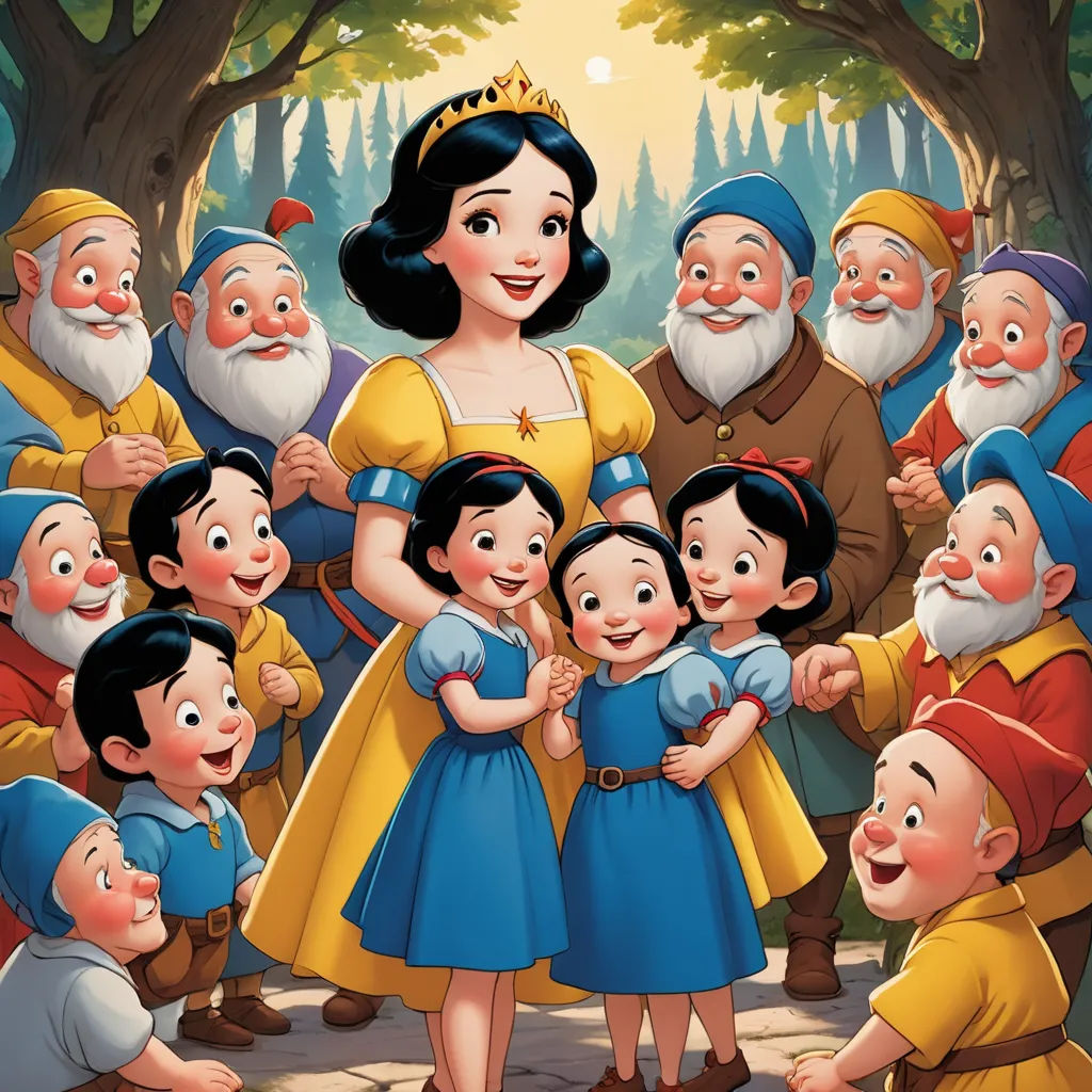 a group of people standing around a snow princess with snowmen around them and a snowman in the background, naive art, a storybook illustration, disney, official art