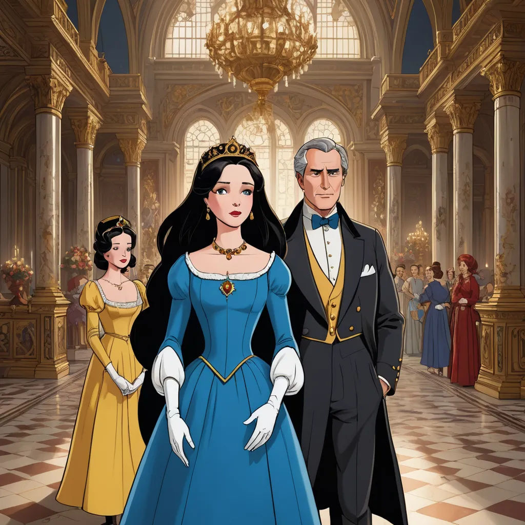 a man and woman in formal wear standing in a palace hallway with a chandelier and chandelier, gothic art, a storybook illustration, disney, official art