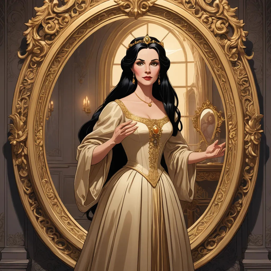 a woman in a dress standing in front of a mirror with a gold frame around her and a golden necklace on her neck, fantasy art, a character portrait, Anne Stokes, fantasy artwork