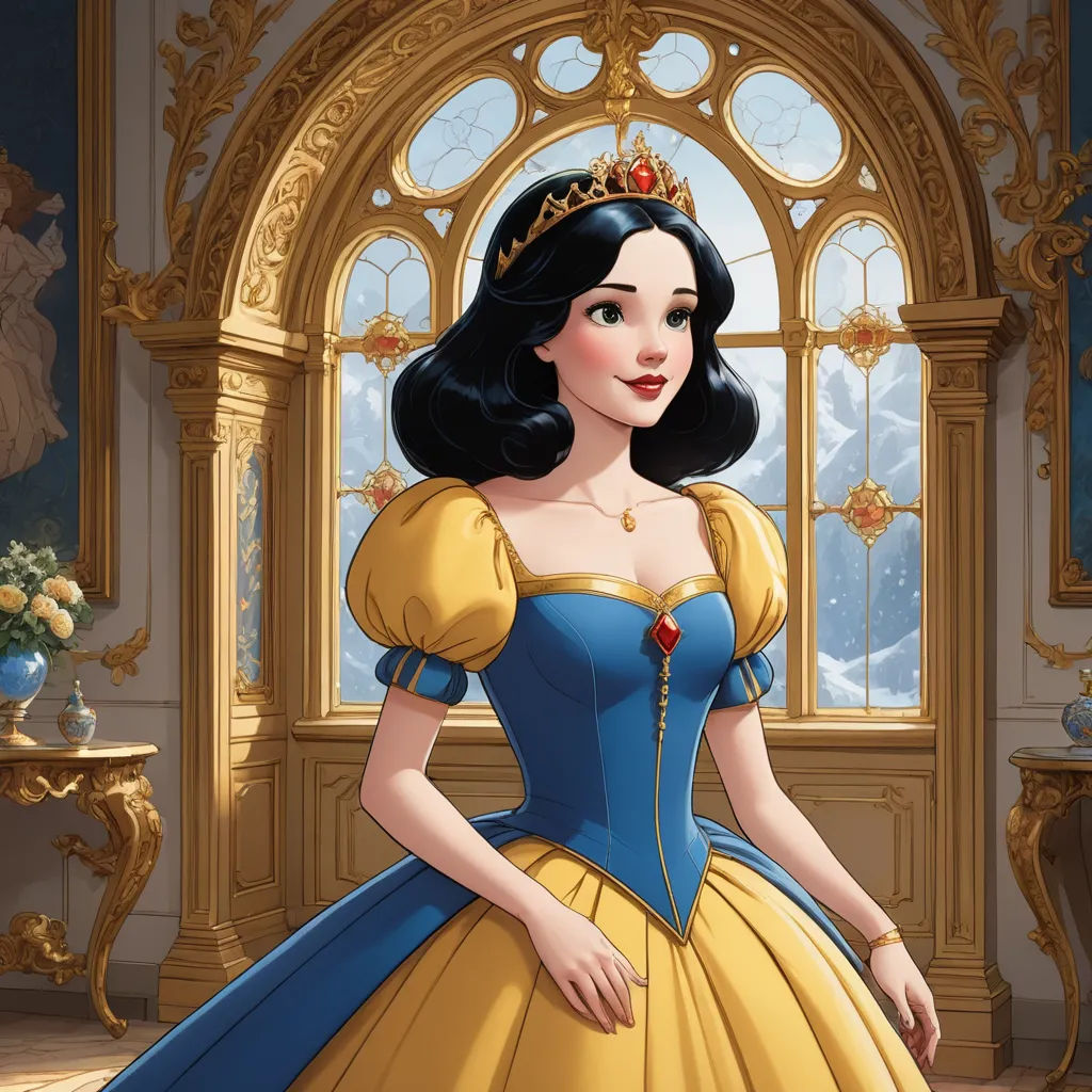 a cartoon of a woman in a princess dress in front of a window with a clock on it's face, gothic art, a digital rendering, Aramenta Dianthe Vail, official art