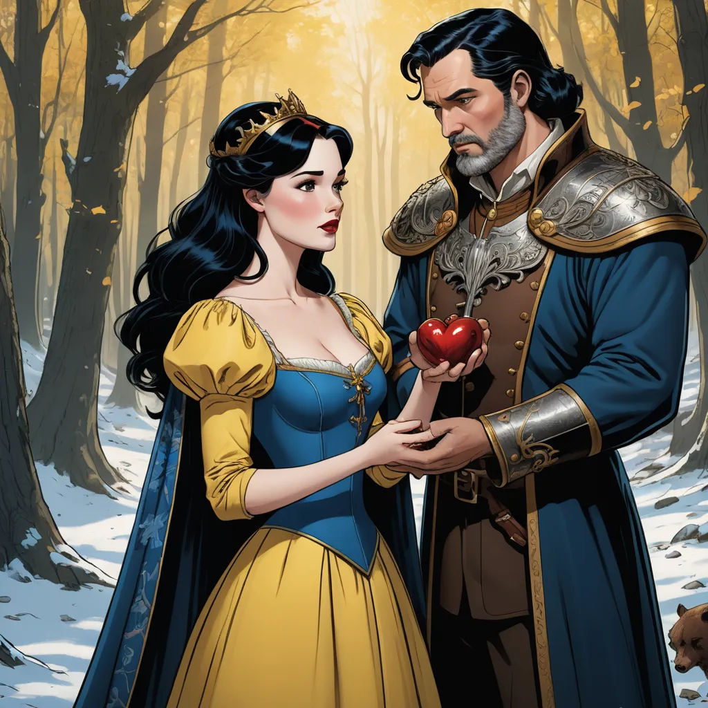 a man and woman dressed as snow and prince snow holding an apple in a snowy forest with a bear, fantasy art, a storybook illustration, Drew Struzan, official art