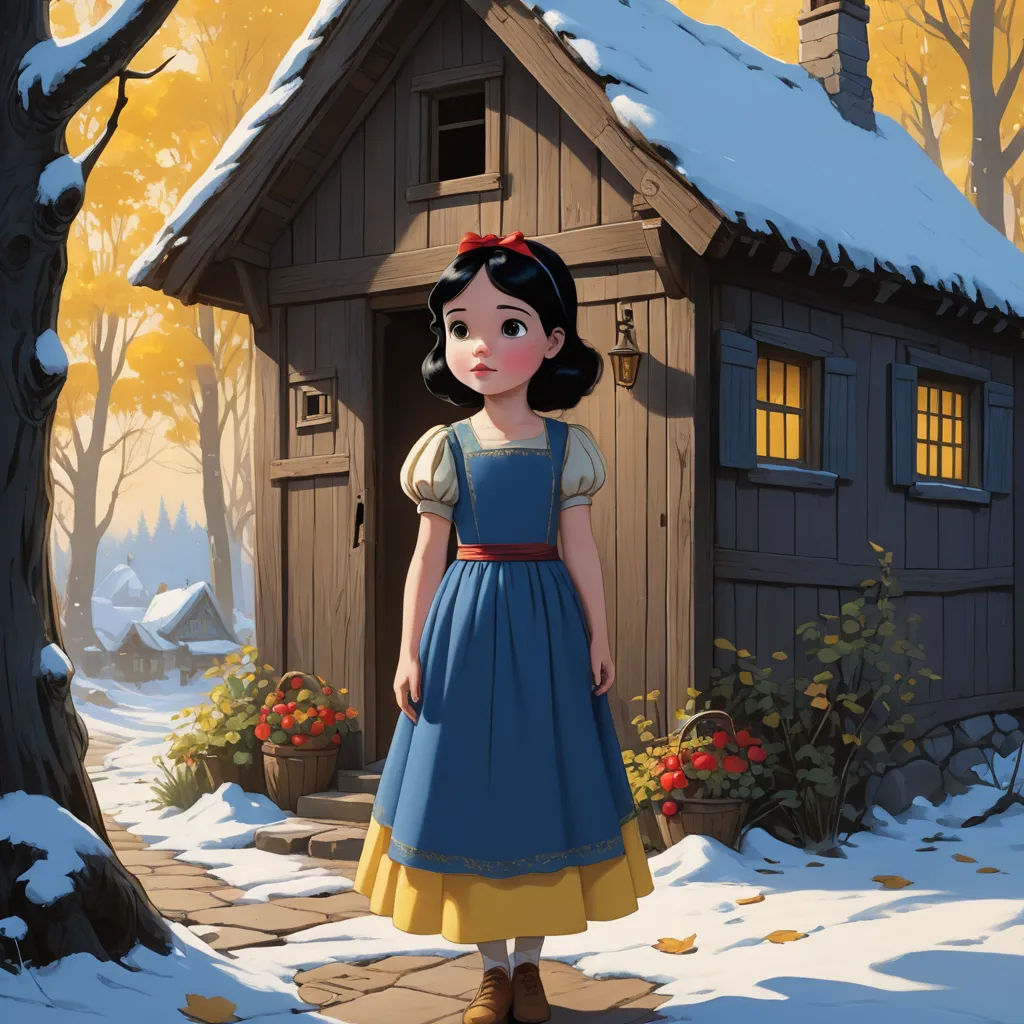a cartoon girl standing in front of a small cabin in the snow with a red bow on her head, fantasy art, a storybook illustration, Bob Ringwood, storybook illustration