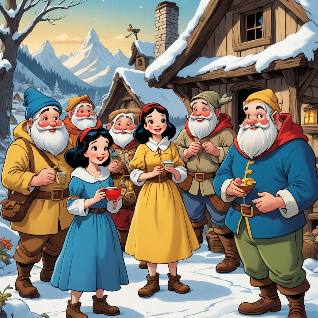 a group of dwarfs standing in front of a snow covered house with a snowman and snow woman in front of them, naive art, a storybook illustration, disney, storybook illustration